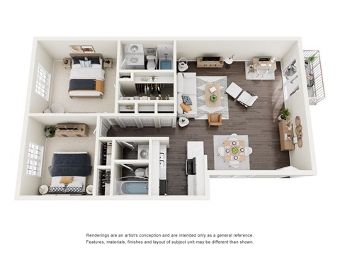 Floor plan for 2 beds, 2 baths, 1250 sqft